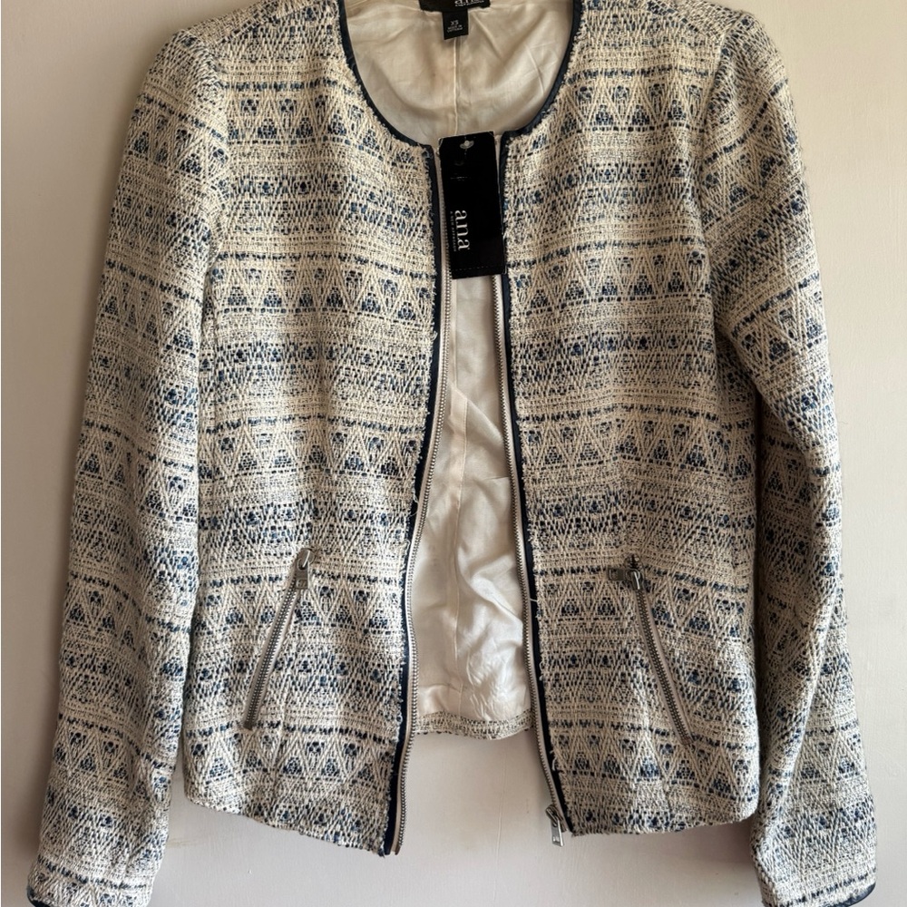 Ana Women's Cream and Blue Patterned Blazer